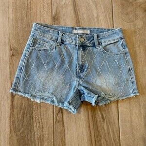 Tractr Girls Denim Shorts Size 14 Blue Wash Rhinestone Diamond Raw Hem